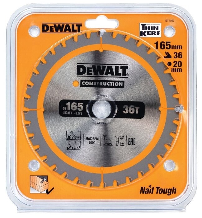 Пильный диск CONSTRUCT 165х20 мм, 36Т, FTG +3град Dewalt DT1950